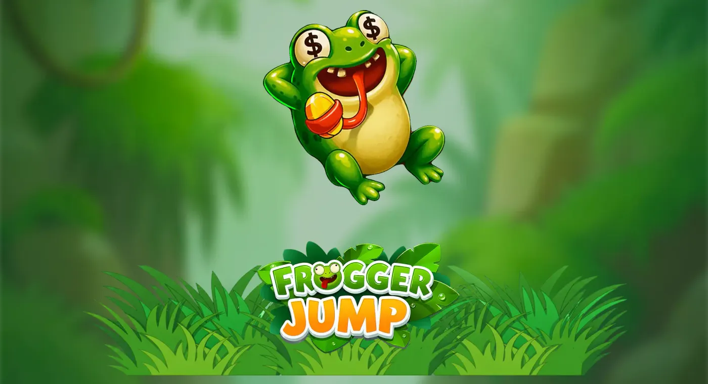 Frogger Jump casino cashout game demo cover with frog and logo