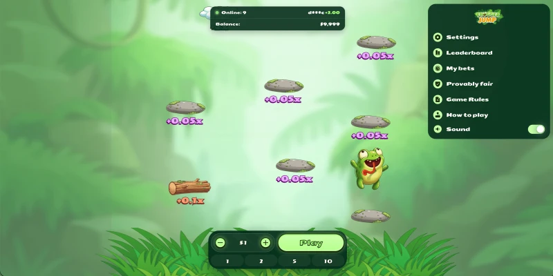 Frogger Jump active casino round showing the frog jumping toward the cashout button