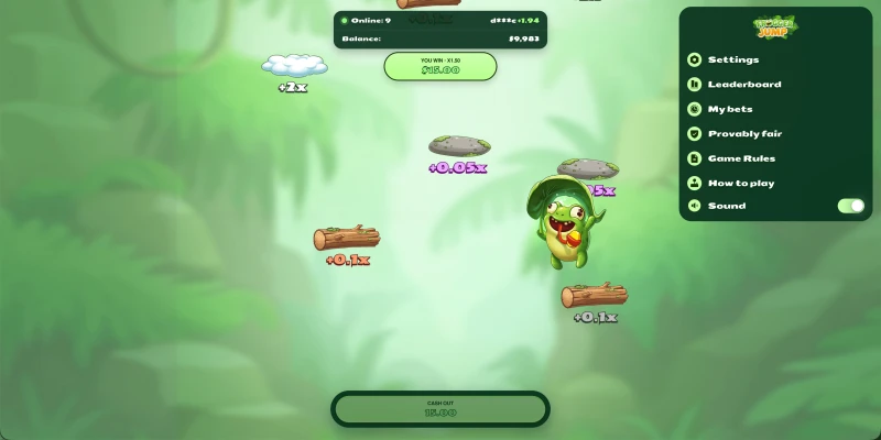 Frogger Jump free demo interface with platforms, multipliers, settings, and play controls
